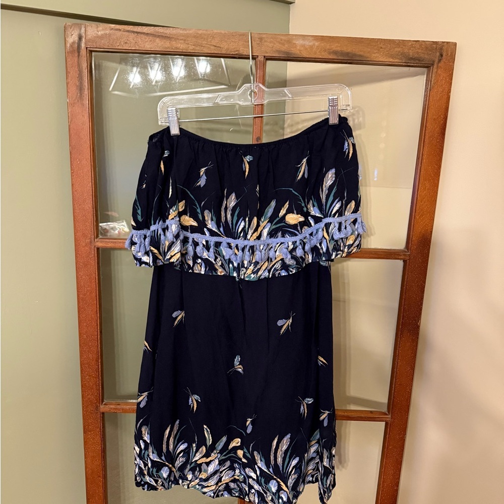 Listicle Navy Feather and Fringe Off-Shoulder Dress - Size Large